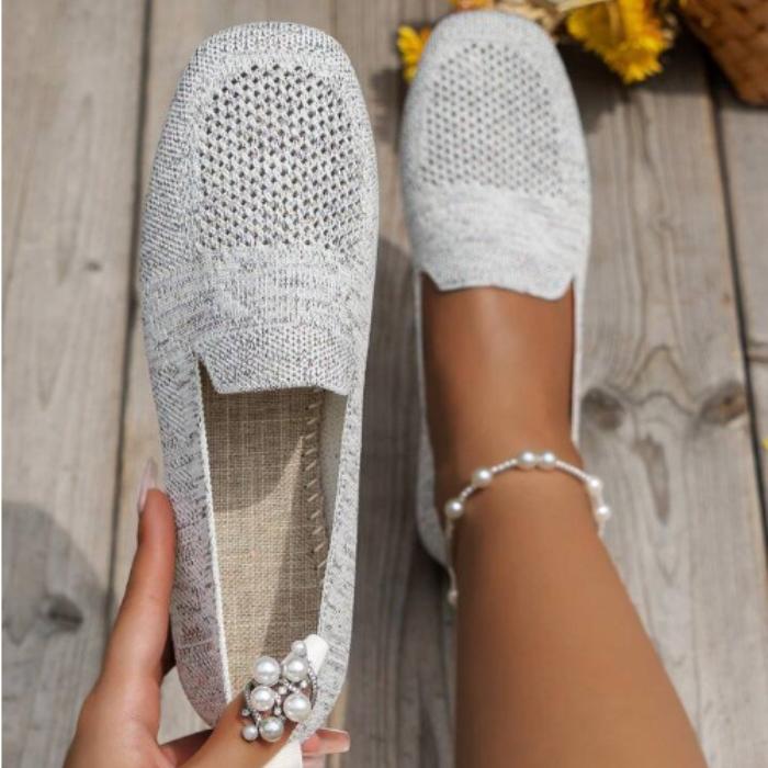 Womens New Solid Color Square Toe Mesh Loafers Shallow Soft Bottom Knit Casual Slip on Boat Flats