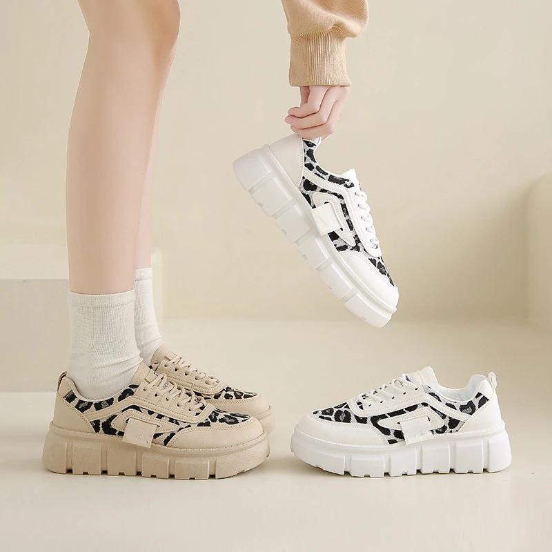 Women's Ankle Shoes 2025 Spring Fashion Casual Leopard Shoes for Women Platform Ladies's Sneakers Low Top Lace Up Tenis Feminino