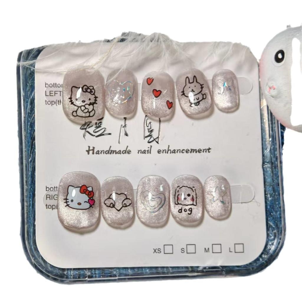Purely Hand‑Made Press‑On Nails, Autumn‑Winter Niche Ins‑Style White‑Ceramic Cat‑Eye with Happy‑Kitten Graffiti False Nail Art