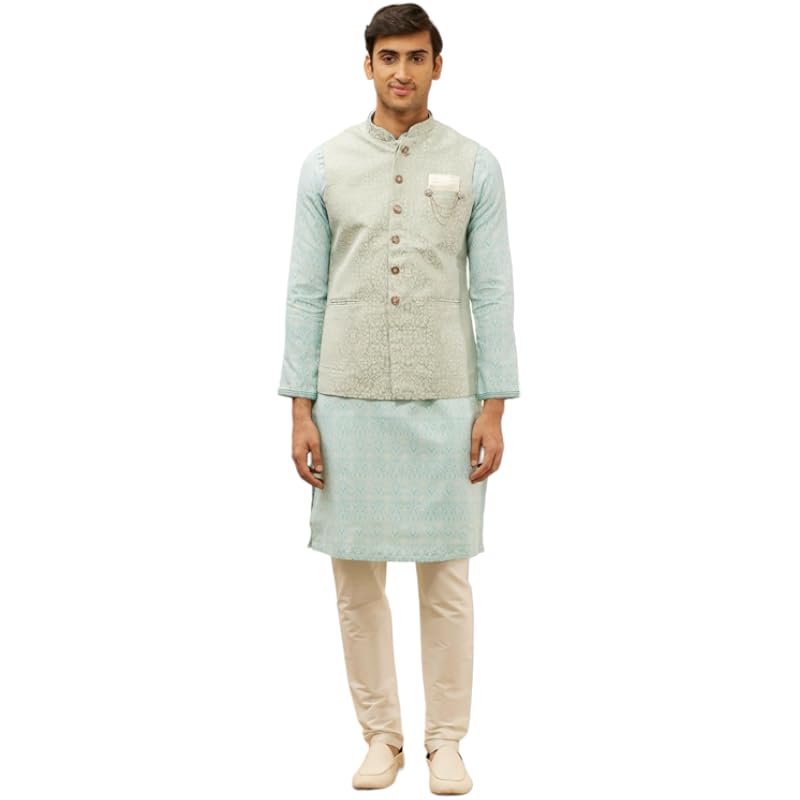 Manyavar Mens Blue Brocade JACQUARD Jacket