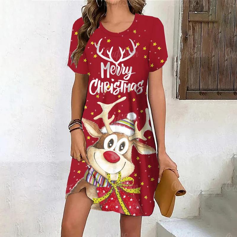 New Cartoon Moose Digital 3D Print Crew Neck Short-sleeve Pullover Stylish Casual Women's Dress