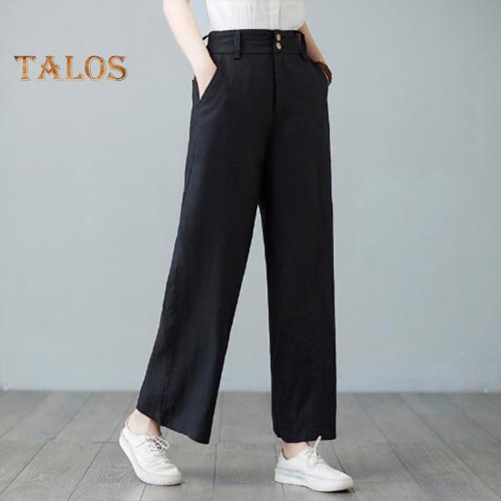 Women Casual Pants Elastic High Waist Buttons Zipper Fly Long Trousers with Pockets Solid Color Straight Wide Leg Slacks Daily Wear