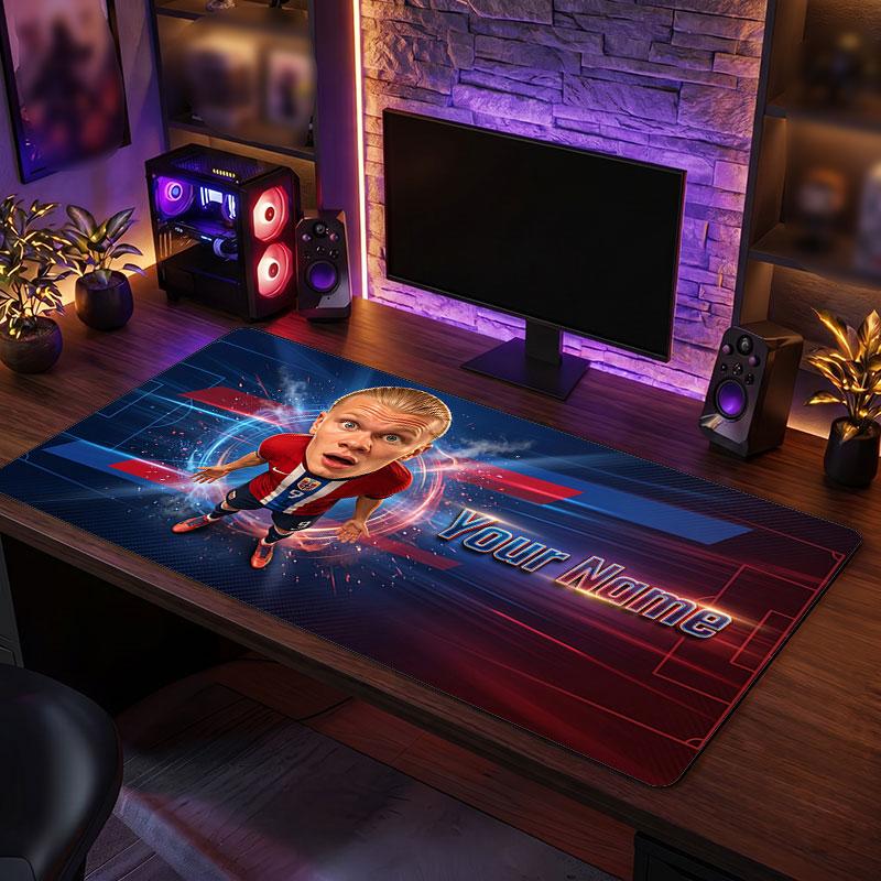 Erling Haaland Custom Large Mouse Pad, Personalized Name Text Print, Football Logo Non‑Slip Desk Mat Gaming Gift