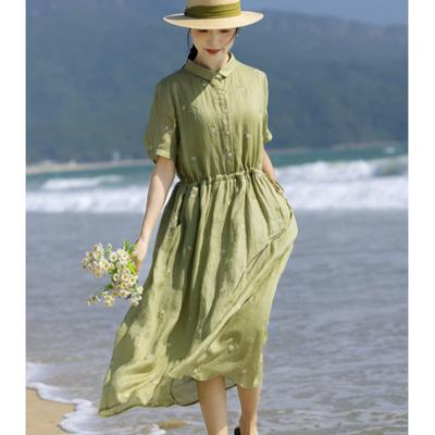 Frau Sommer Persönlichkeit Stickerei Lose Kurze Ärmel A-Linie Kleid Nische Lose Kragen Blumenkleid