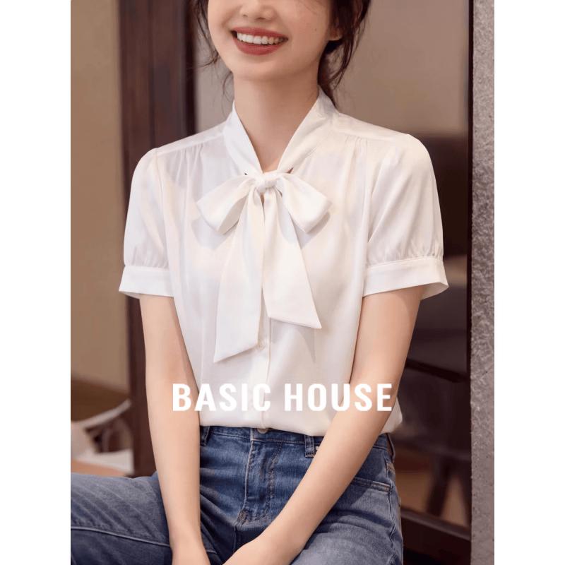 Basic House Women s White Bow Chiffon Short Sleeve Blouse XL