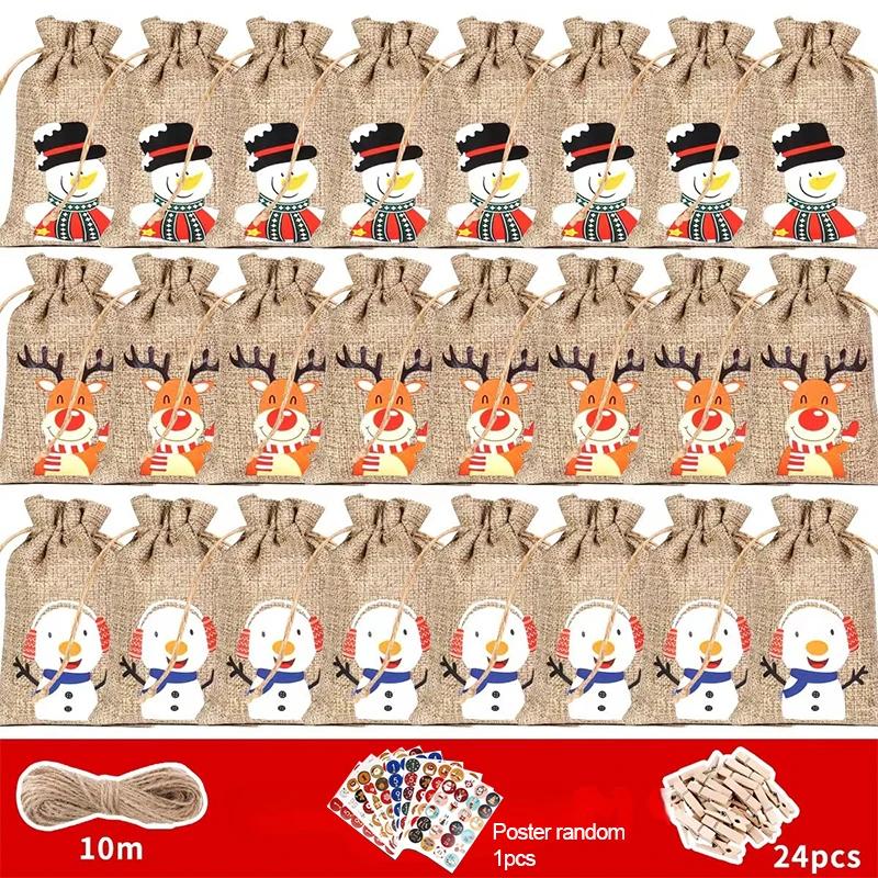 2026 Christmas Advent Calendar Small Christmas Gift Bags Tiny Christmas Burlap Candy Bag Holiday New Year Party Favors Supplies