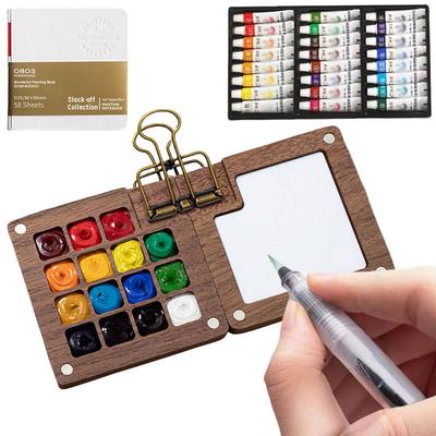 Travel Pocket Artist Watercolor Set Paint Palette with Clip Wooden Grid Paint Box Gift for Artists Students Outing Art Supplies
