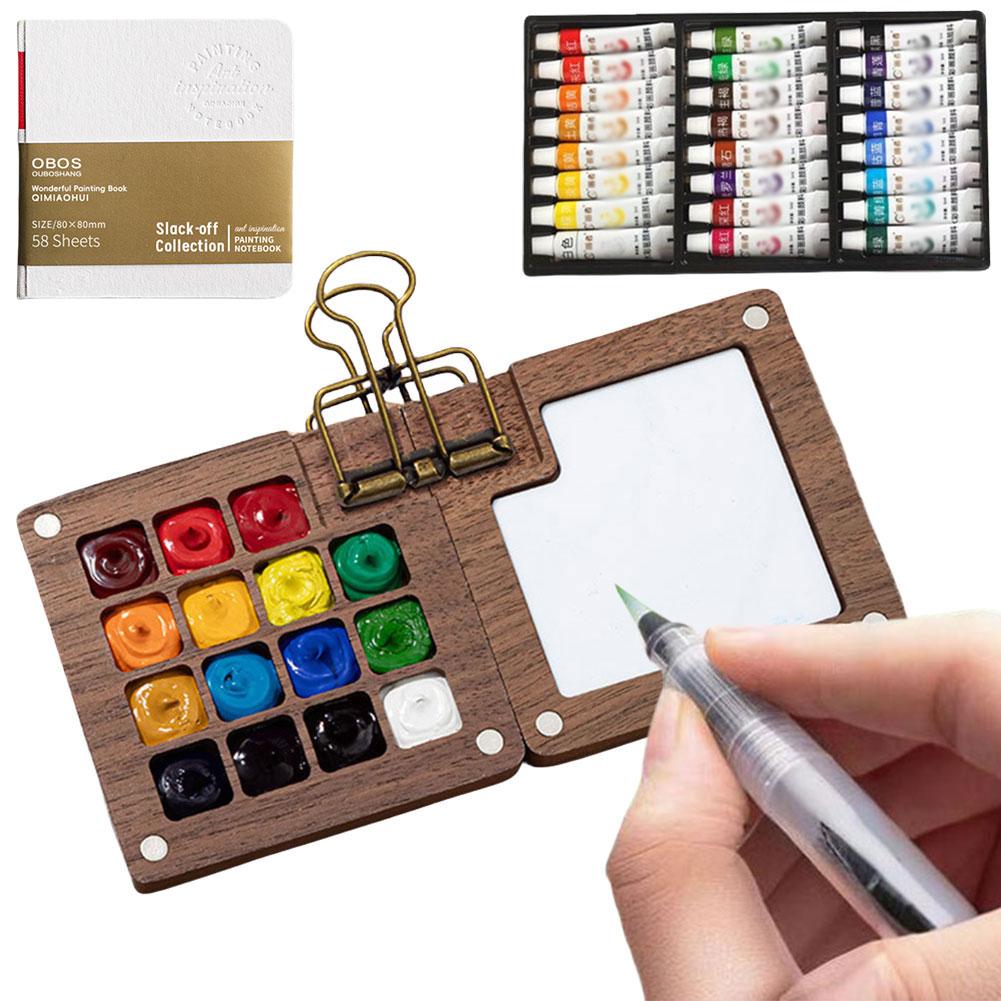 Professional Watercolor Painting Supplies Includes Wooden Palette with Multiple Grid Sections for Creative Artists Sets