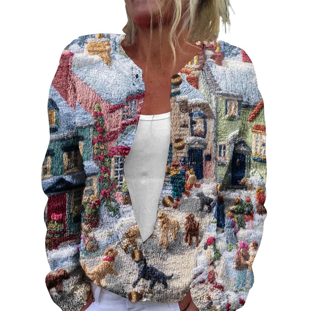 Dámská módní pletená svetrová bunda s dlouhým rukávem a zapínáním na knoflíky