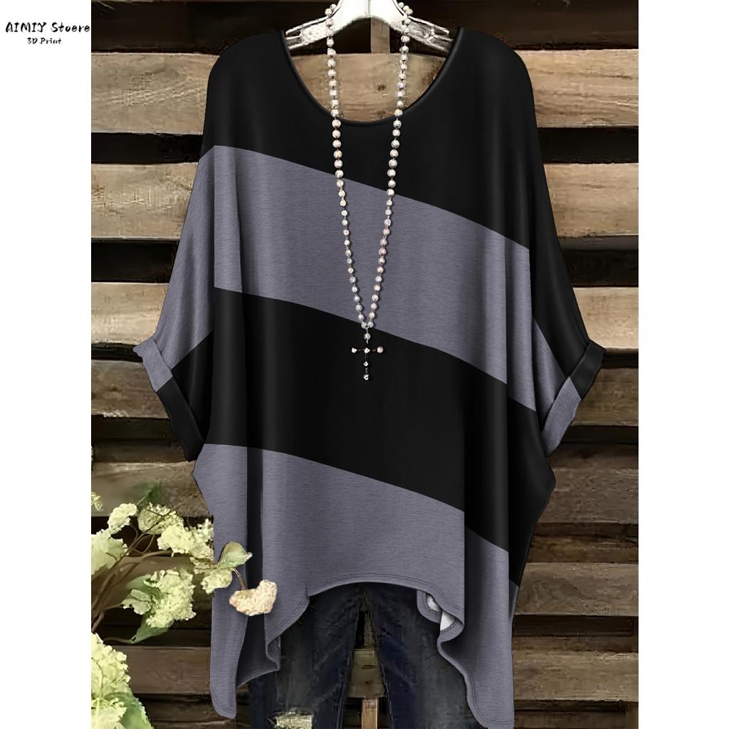 Women's Elegant Bohemian Starry Night Print T-Shirt White All-Over Dots with Asymmetrical Hem, Round Neck Casual Fashion Women