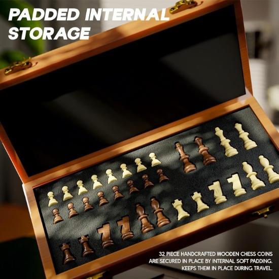 KNK Premium Chess Board Set Foldable 15x15 Inches Anti-Scratch Padded Storage 32 Wooden Chess Pieces Classic Game for Adults & Kids Travel Brown