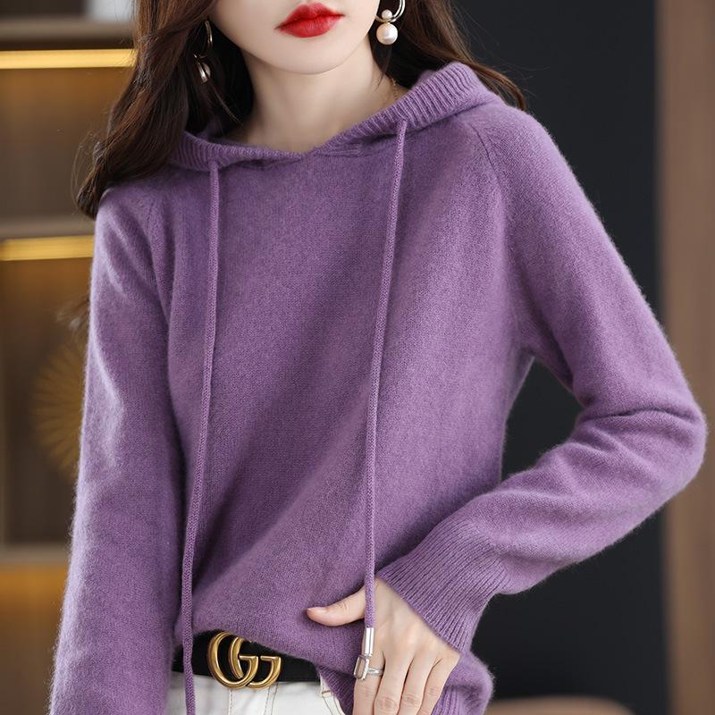 2026 Autumn/Winter Women's Hooded Knit Pullover Sweater: Loose-Fit Base Layer Top