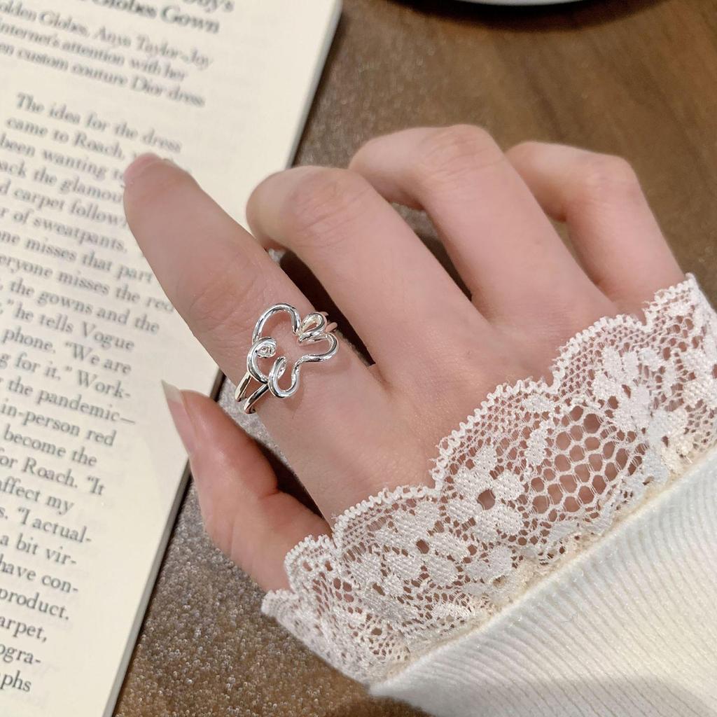 Ring im koreanischen Stil aus S925 Silber mit geometrischem Durchbruchmuster, unregelmäßig, Vintage für Damen - Schwerindustrielles Temperament, verstellbarer schlichter Ring für den Zeigefinger.