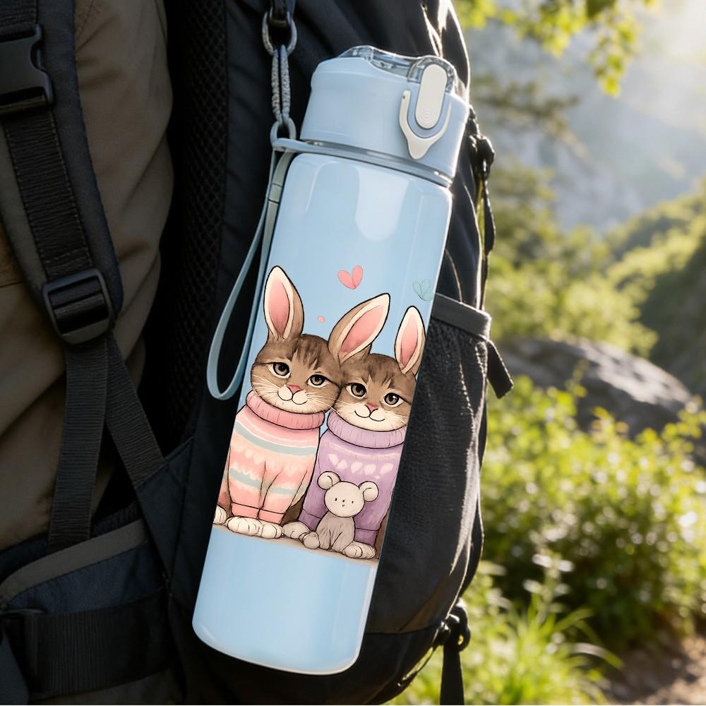 1PC Four Easter Bunnies 750ml Color Plastic Sports Water Bottle Leakproof Flip Straw Lid Suitable for Sports Office Home Use
