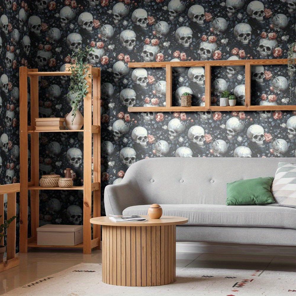 1roll Dark Style Skeleton Self-adhesive Wallpaper Waterproof Skull Floral Leaf Wallpaper Removable Wall Stickers for Living Room Furniture Restoration