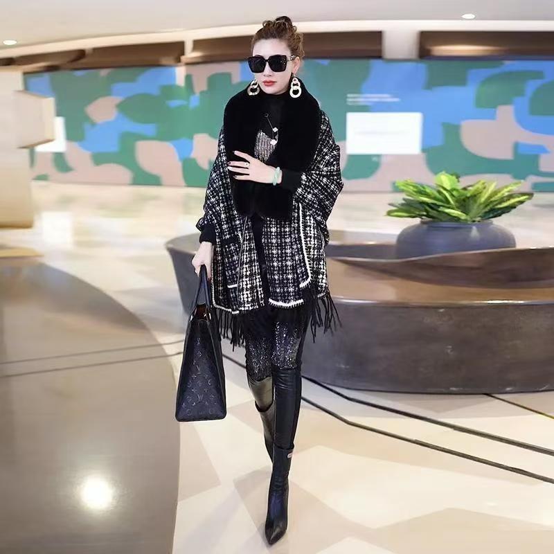 Cape women's autumn and winter shawl fashionable and stylish high-end knitted outer layer thickened sweater plaid female