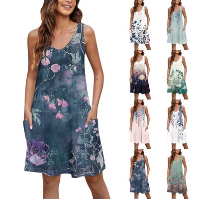 Women's Casual Print Summer Bohemian Beach Dress With Pockets V Neck Tank Dress