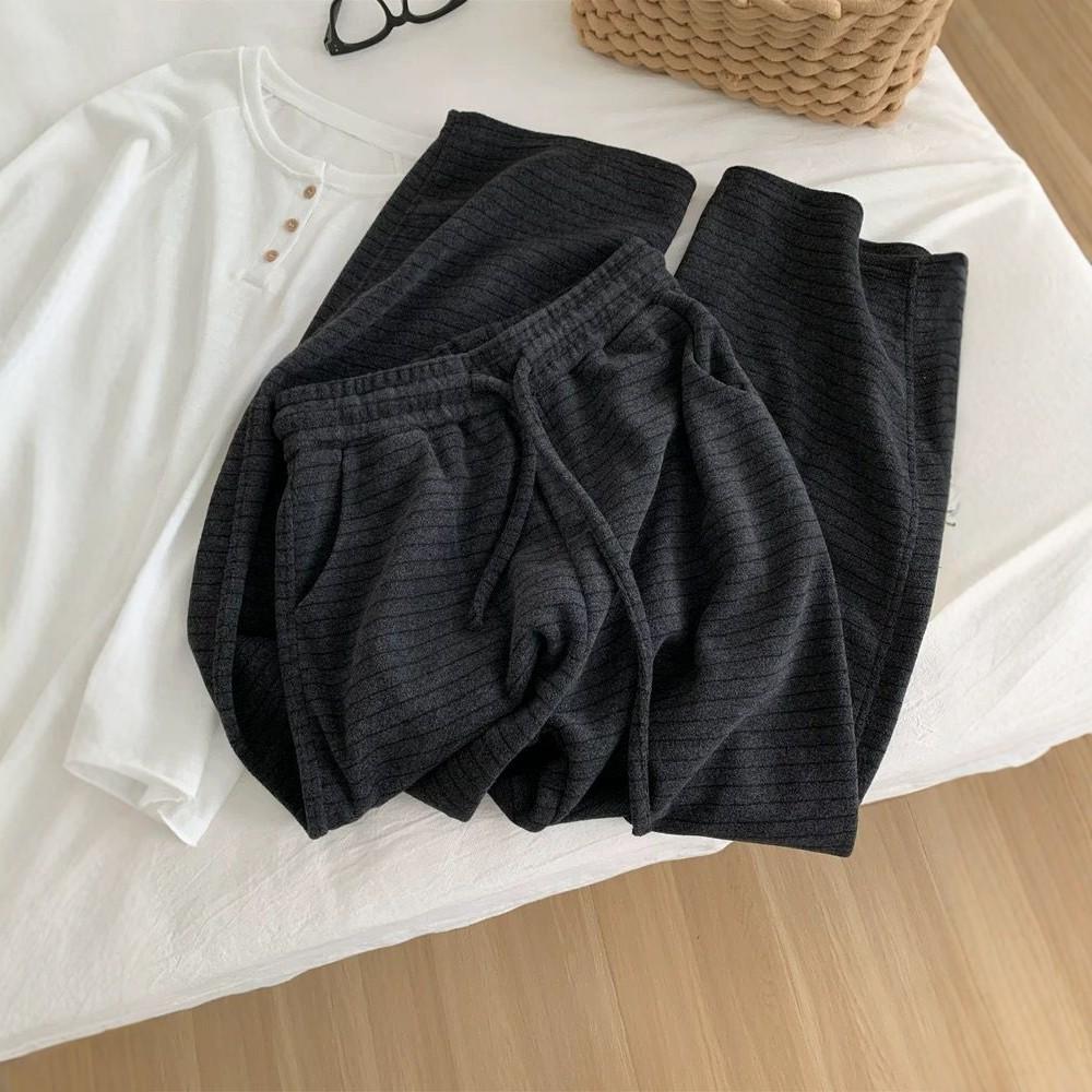 Korean Style Plus Size Plaid Wide-Leg Pants - Autumn Winter Elastic Waist High-Waisted Trousers for Women