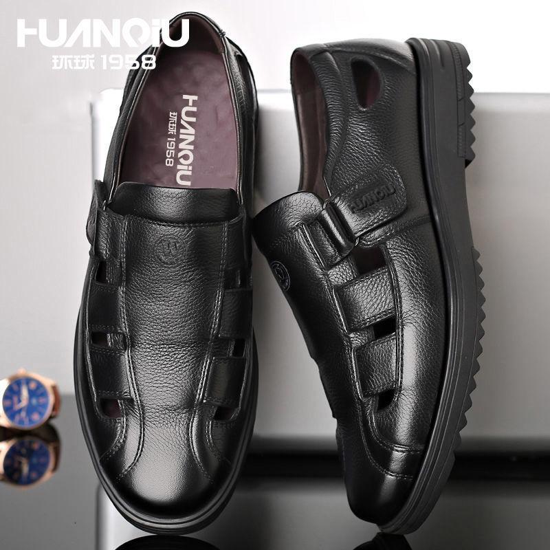 Sandals men's leather new summer beach shoes outdoor bag head hole shoes large size men's sandals