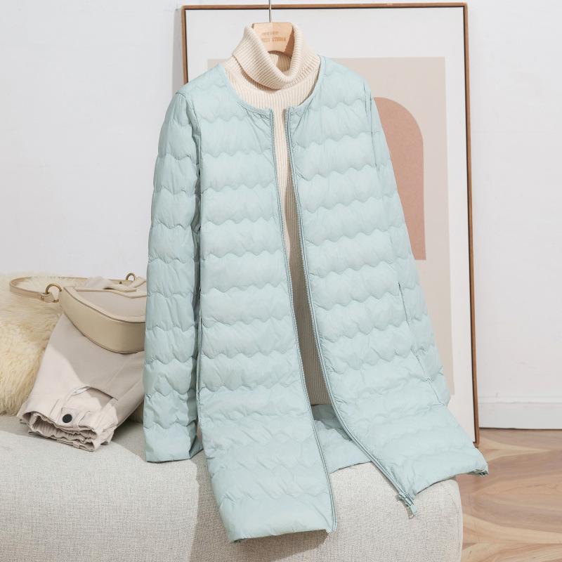 Toamnă și iarnă nouă modă gât rotund ondulat mediu și lung jachetă ușoară din puf pentru femei cu fermoar jachetă caldă val