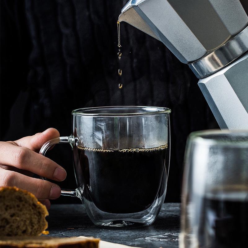 High-Temperature Resistant Double-Walled Borosilicate Glass Coffee Mug with Handle - Clear, Available in Multiple Sizes