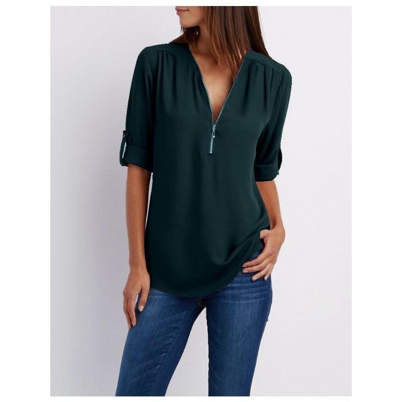Women's Plus Size Loose Fit V-neck Chiffon Shirt with Long Sleeves and Adjustable Zipper
