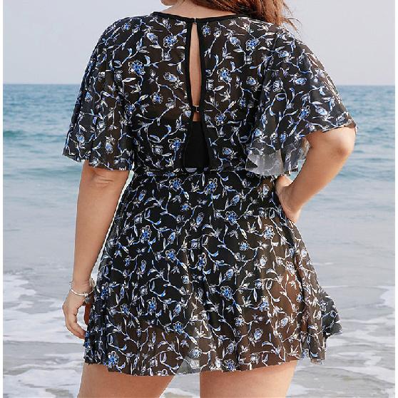 Stroje kąpielowe plus size damskie siateczkowe elastyczne sukienki plażowe dla puszystych kobiet z wysokim stanem i krótkim rękawem sukienka do pływania poliestrowa seksowna odzież kąpielowa