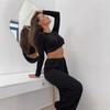European-American Women's Long-Sleeve Knit Jacquard Top & Wide-Leg Pants Set - Casual Homewear