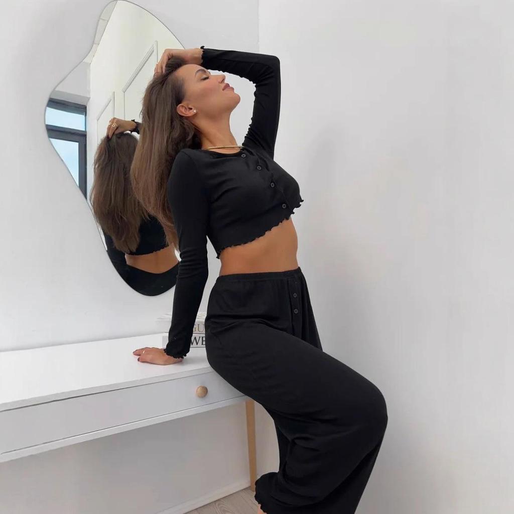 European-American Women's Long-Sleeve Knit Jacquard Top & Wide-Leg Pants Set - Casual Homewear