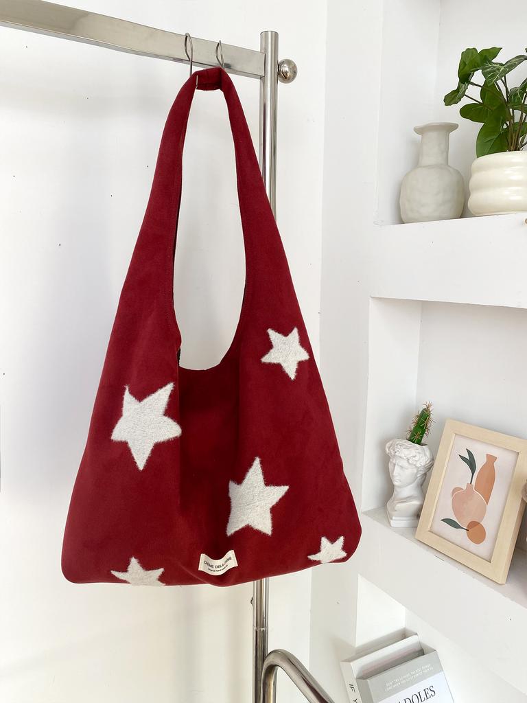 Simple Star Embroidery Faux Suede Women's Shoulder Bags Vintage Versatile Female Handbag Casual Large Capacity Ladies Tote Bag