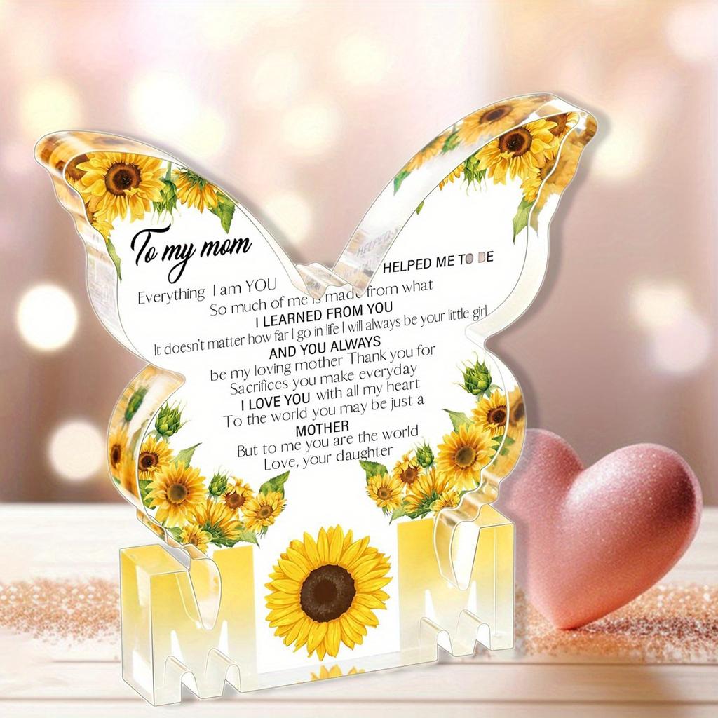 Mother's Day Butterfly Shaped Acrylic Ornament with Sunflower & Heart Design - Battery-Free Indoor Home Decor, Heartfelt Gift for Mom, Grandma