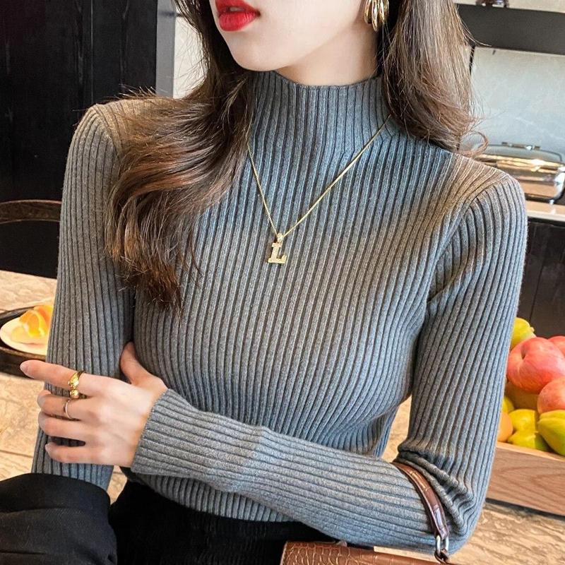 Podzimní a zimní svetr Pletený svetr s polovičním rolákem Dámské Vintage Dlouhý rukáv Spodní Dámské Topy Jumper Pull 22848