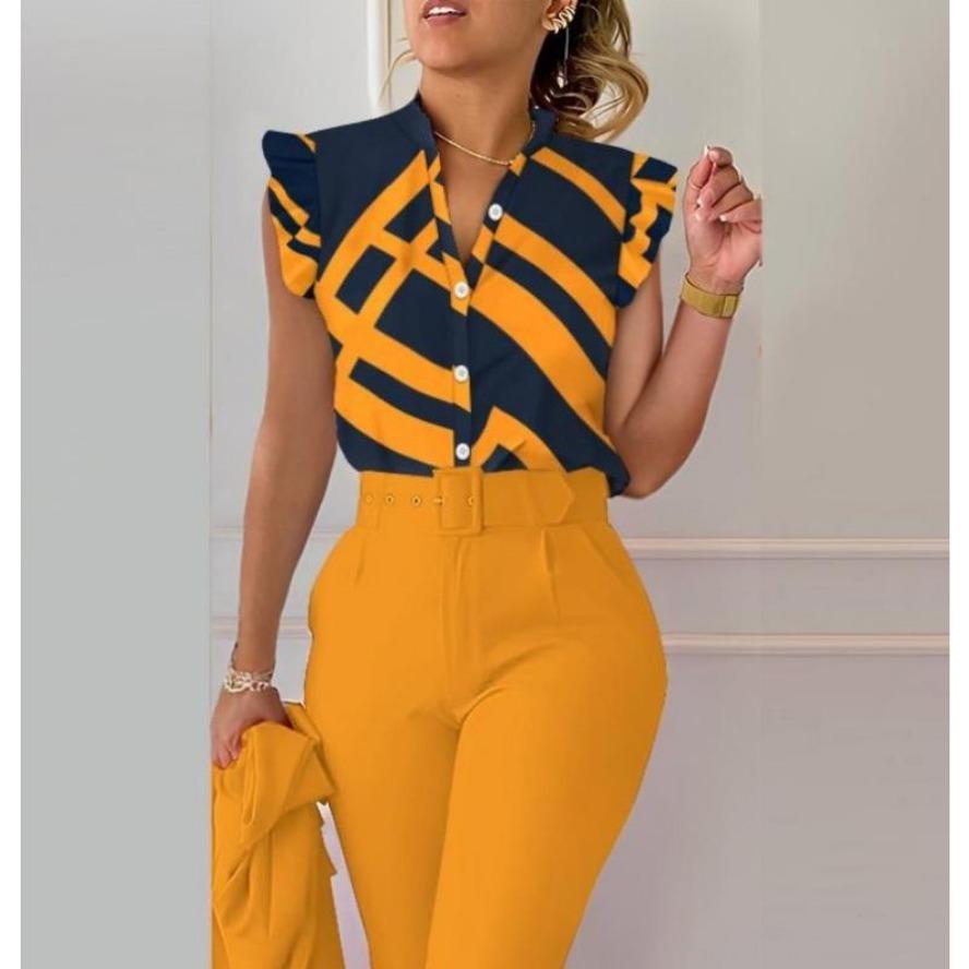 YYFS Damenmode Casual Sommer Frühling Blumenmuster Druck Kurzarm V-Ausschnitt Blusen & Hemden