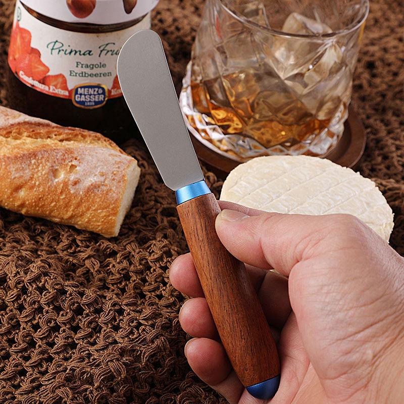 New Style Carved Wooden Handle Cheese and Butter Knife Set with Titanium Alloy Blades