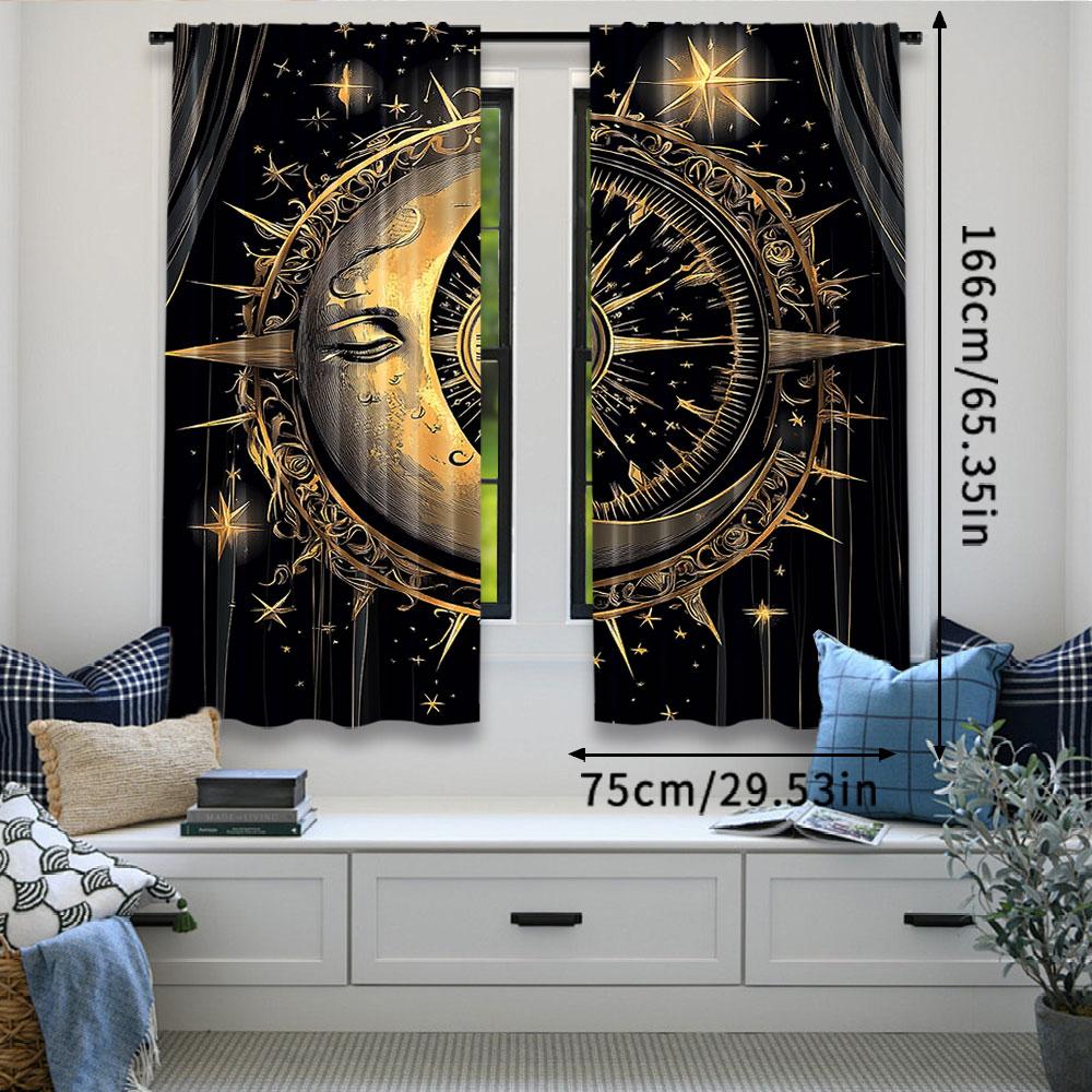 2Pcs Sun Moon Windows Curtains Retro Bohemian Antique Hippie Gold Sun Crescent And Star Curtains For Living Room Bedroom A