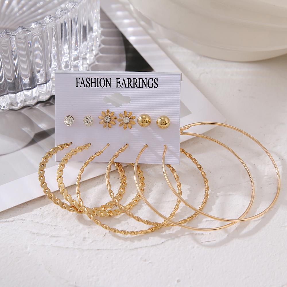 Conjunto de pendientes de aro grandes de metal de moda para mujer, elegantes pendientes de botón de circonita, regalos de joyería