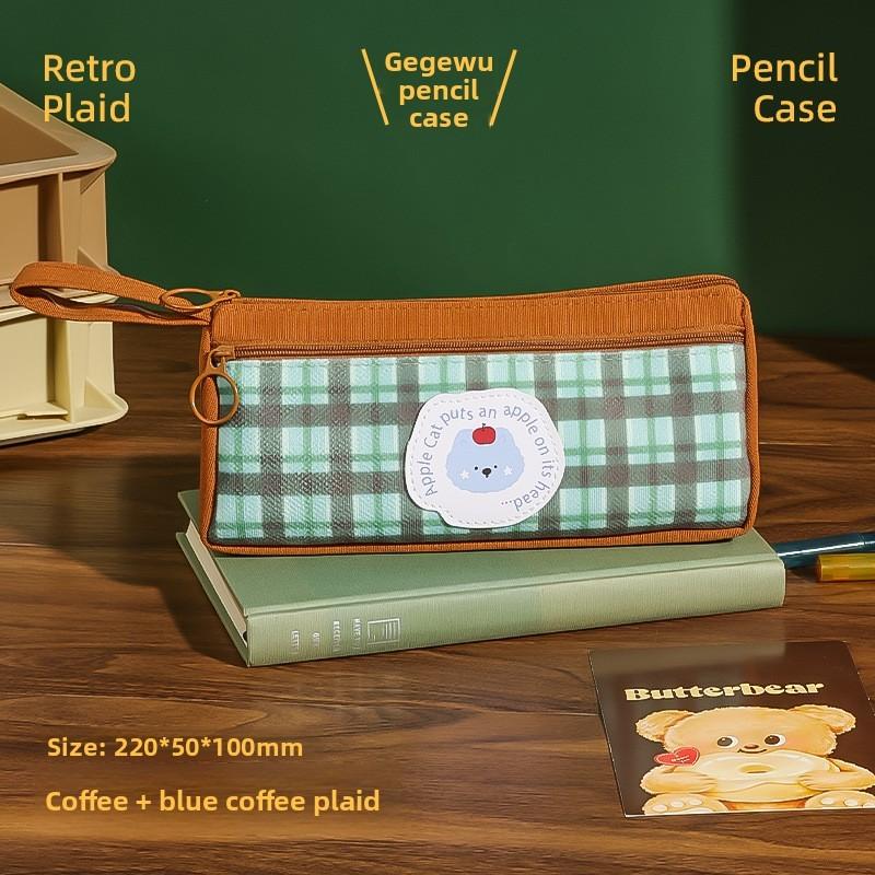 Vintage Plaid Animal Pattern Pencil Case With Large Capacity For Students And Office Use