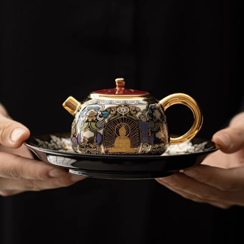 Dunhuang Gold & Silver Inlay Black Thangka Glaze Taotie Teapot for Gongfu Tea Ceremony Home Gift