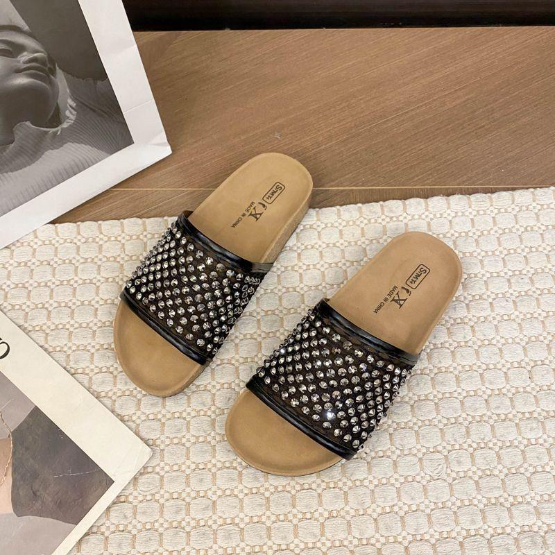 Women's Sandal Slippers Summer a Word with Rhinestone Hollowing Flat Bottom Drag Outside Wear Beach Shoes