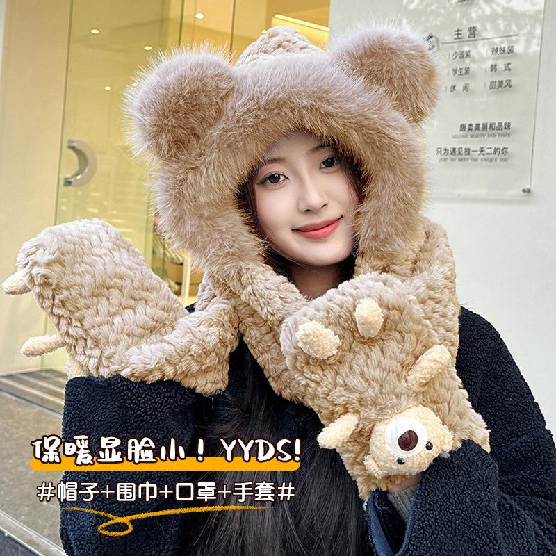 Hat thickened warm three-in-one women's winter new scarf gloves integrated fluffy cute bear three-piece set
