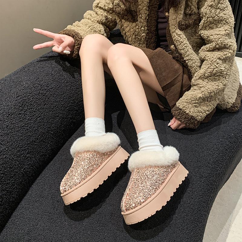 Women's Snow Boots for Autumn and Winter Large Size Thick Sole Sequins Thick Fur Mouth Thick and Warm Snow Boots for Women