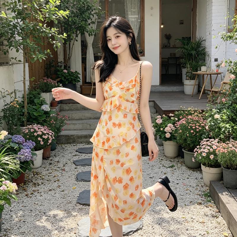 2026 summer French Sexy V-neck high-waist slit chiffon irregular long dress, floral dress, slip dress for women S