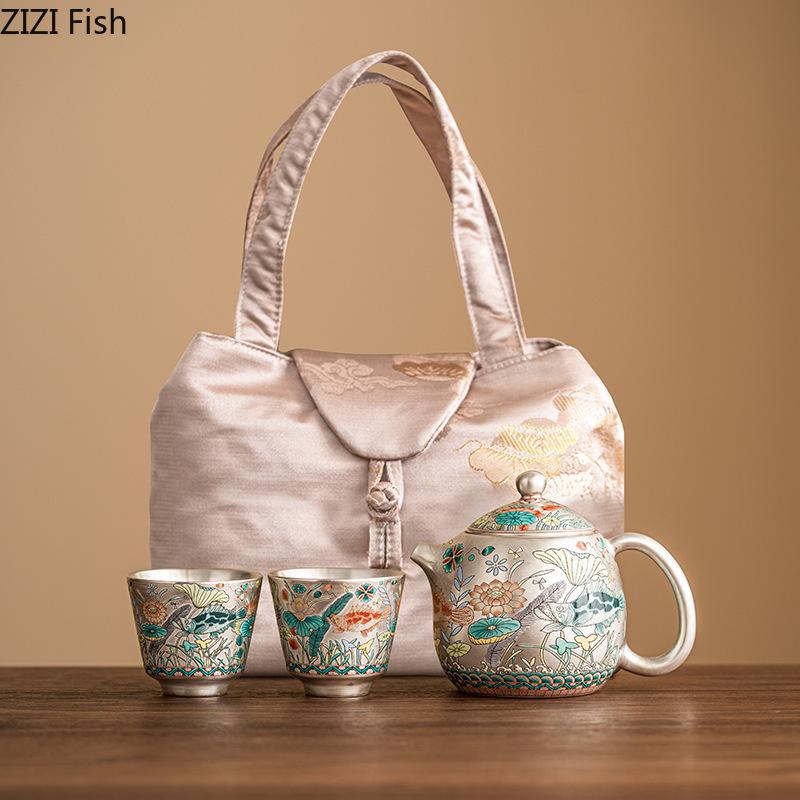 Chinese Light Luxury Ceramic Kung Fu Tea Set Creative Gilded Silver Teapot Teacup Portable Travel Tea Set Festival Friend Gift
