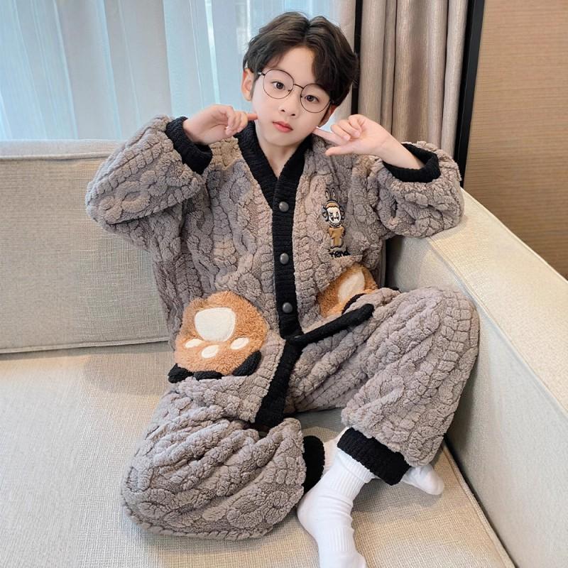 Boys Warm Fleece Pajama Set Winter Thick Coral Sleepwear Kids 8-14 Years Long Sleeve Home Suit