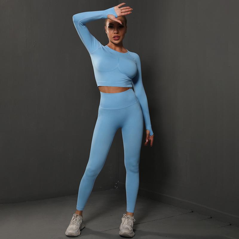 New Seamless Solid Color Crop Long Sleeves Tshirt High Stretch Yoga High Waist Leggings Yoga Clothing Fitness Wear Woman