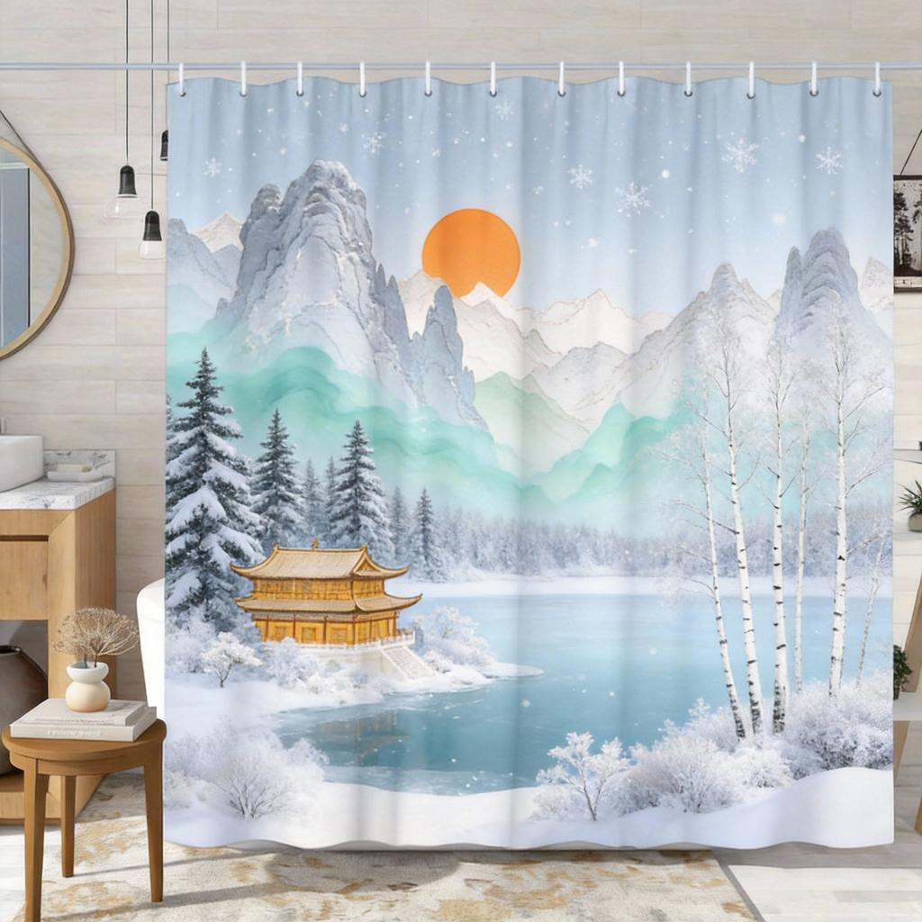 Chinese Landscape Shower Curtain Traditional Pavilion Mountain River Print Polyester Bath Curtain with Hooks for Zen Decor