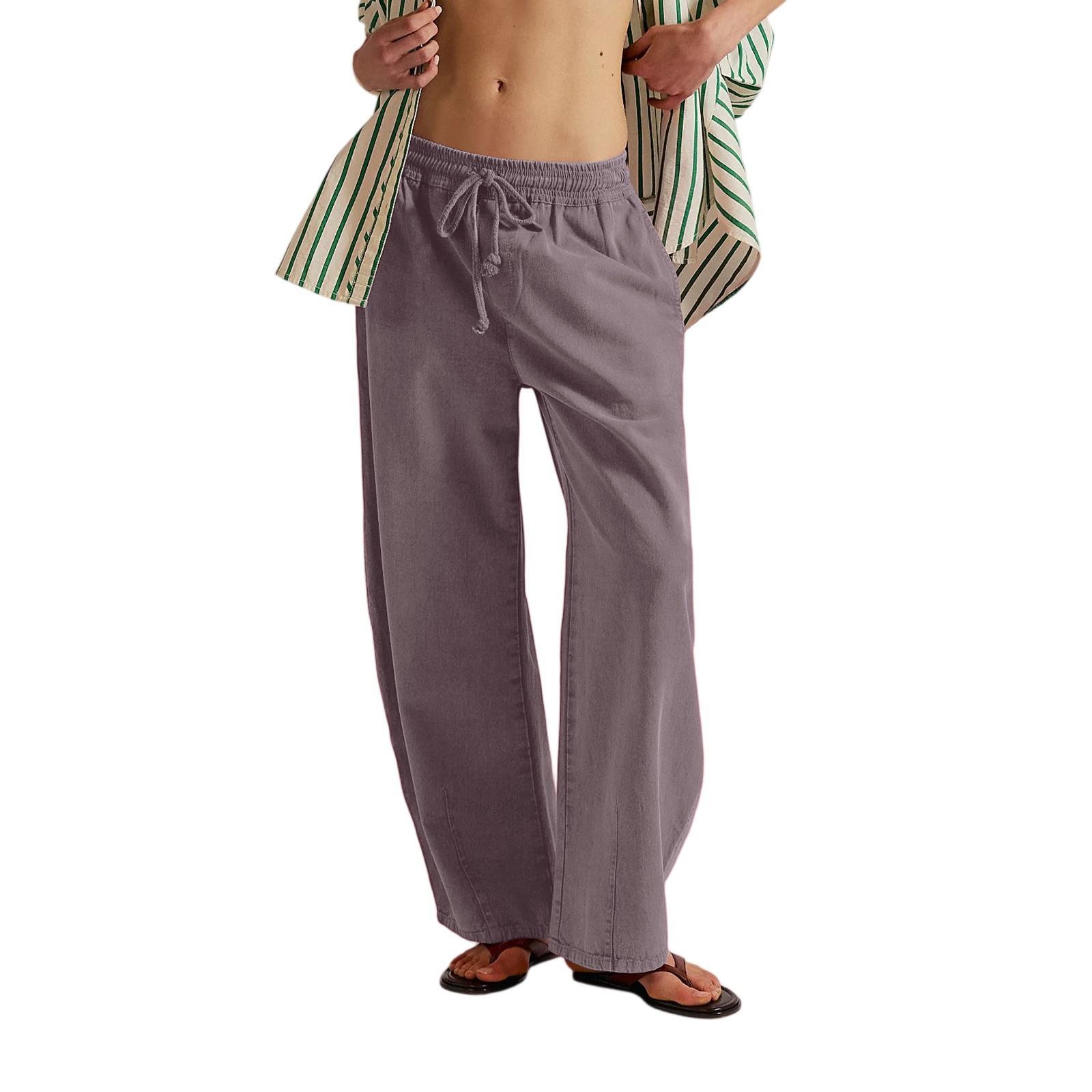 

Women s Casual Fashion Solid Color Elastic Waist Drawstring Pockets Wide Leg Straight Pants S фиолетовый