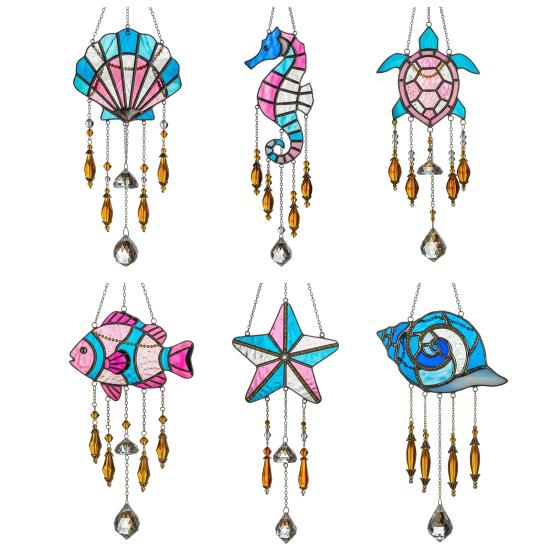 Sea Animal Sun Catcher Coastal Hanging Decoration Conch Starfish Seahorse Suncatcher for Home Windows Balcony Decor