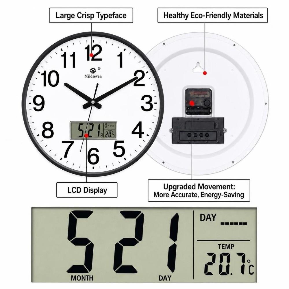 10 Inch Wall Mounted Clock Battery Operated Digital Calendar Clock Round Wall Clocks Living Room