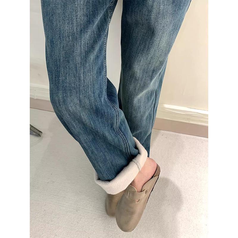 Women's Plus Size High-Waisted Fleece-Lined Blue Retro Wide-Leg Jeans - Autumn/Winter